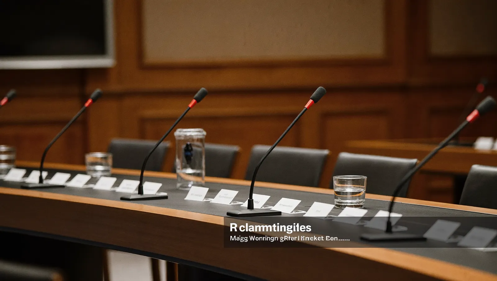 An empty panel table in a committee room with a row of microphones, water glasses and blank name-card holders