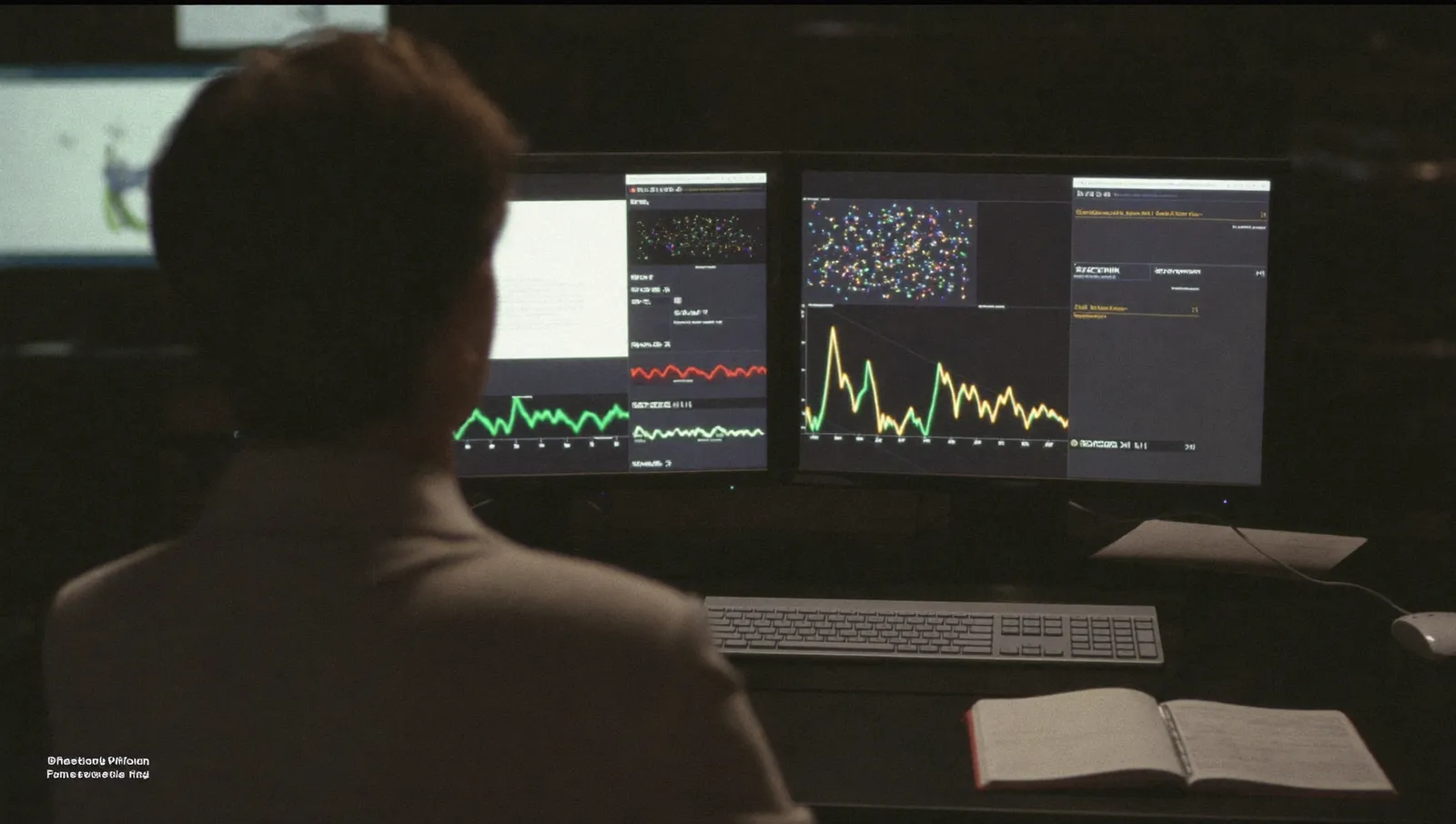 A researcher seen from behind at a darkened workstation, two monitors showing scatter plots and line graphs