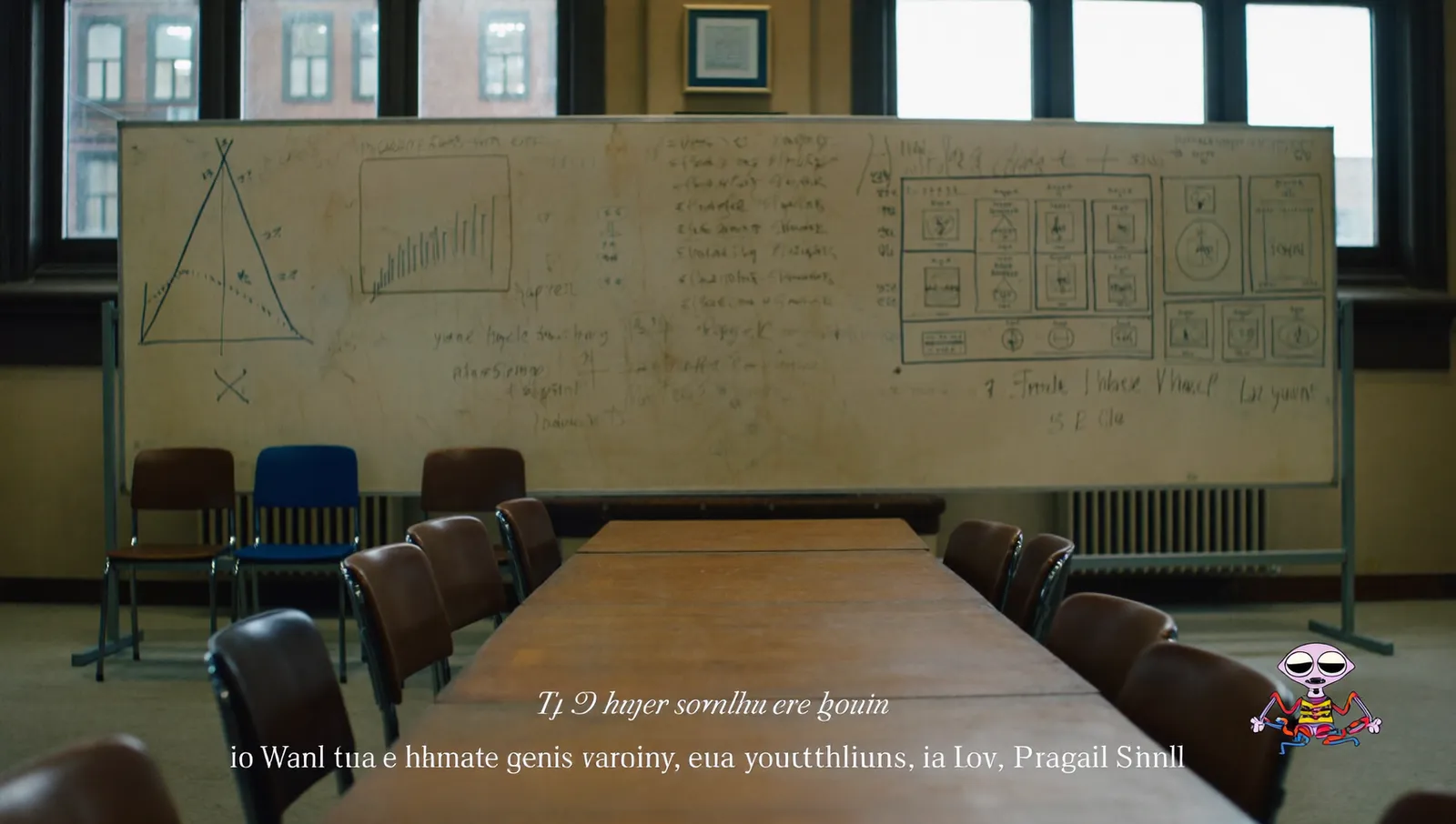 An empty university seminar room with a whiteboard covered in faint handwritten mathematical working