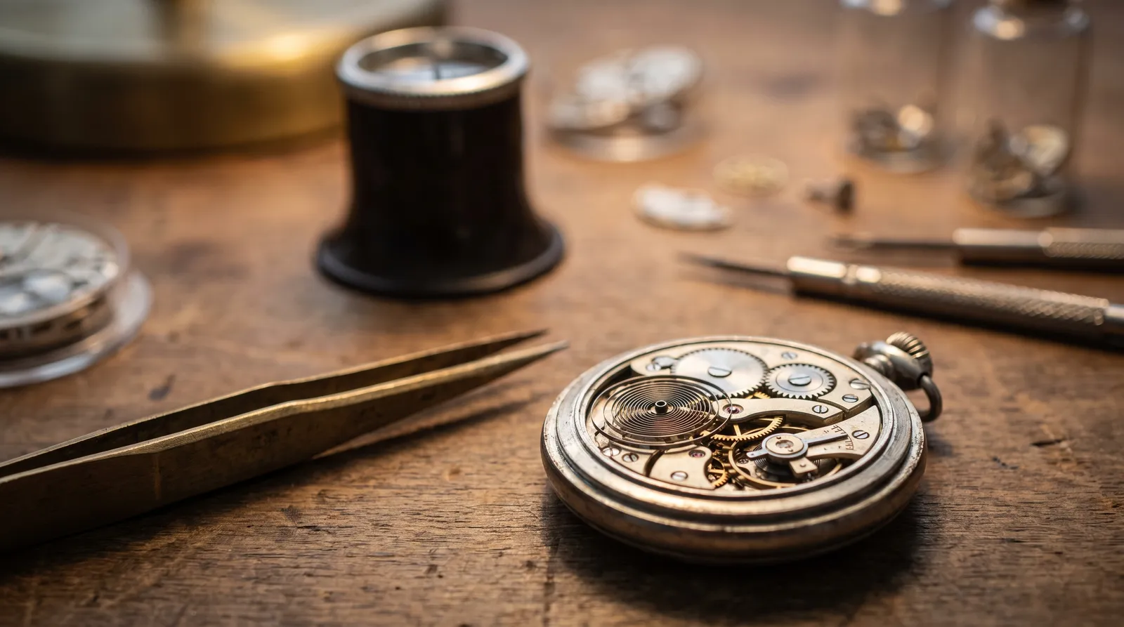 Extreme close-up of an opened mechanical wristwatch movement on a watchmaker's bench, its coiled hairspring and balance wheel visible beside steel tweezers