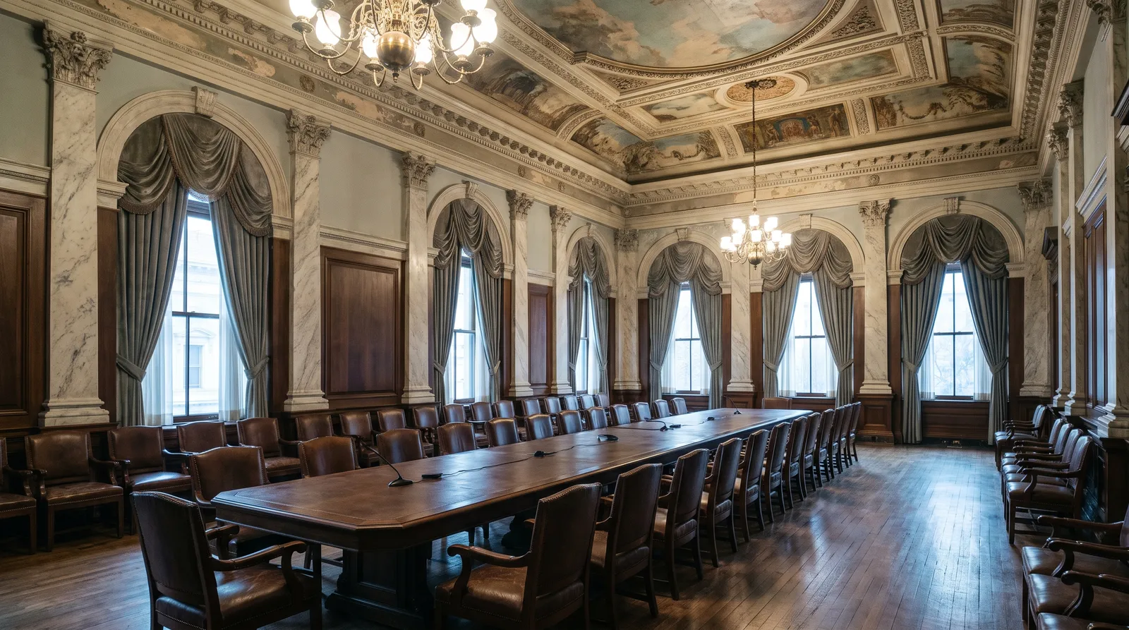 A grand historic legislative caucus room with chandeliers, marble pilasters, tall draped windows and a long table ringed by empty chairs