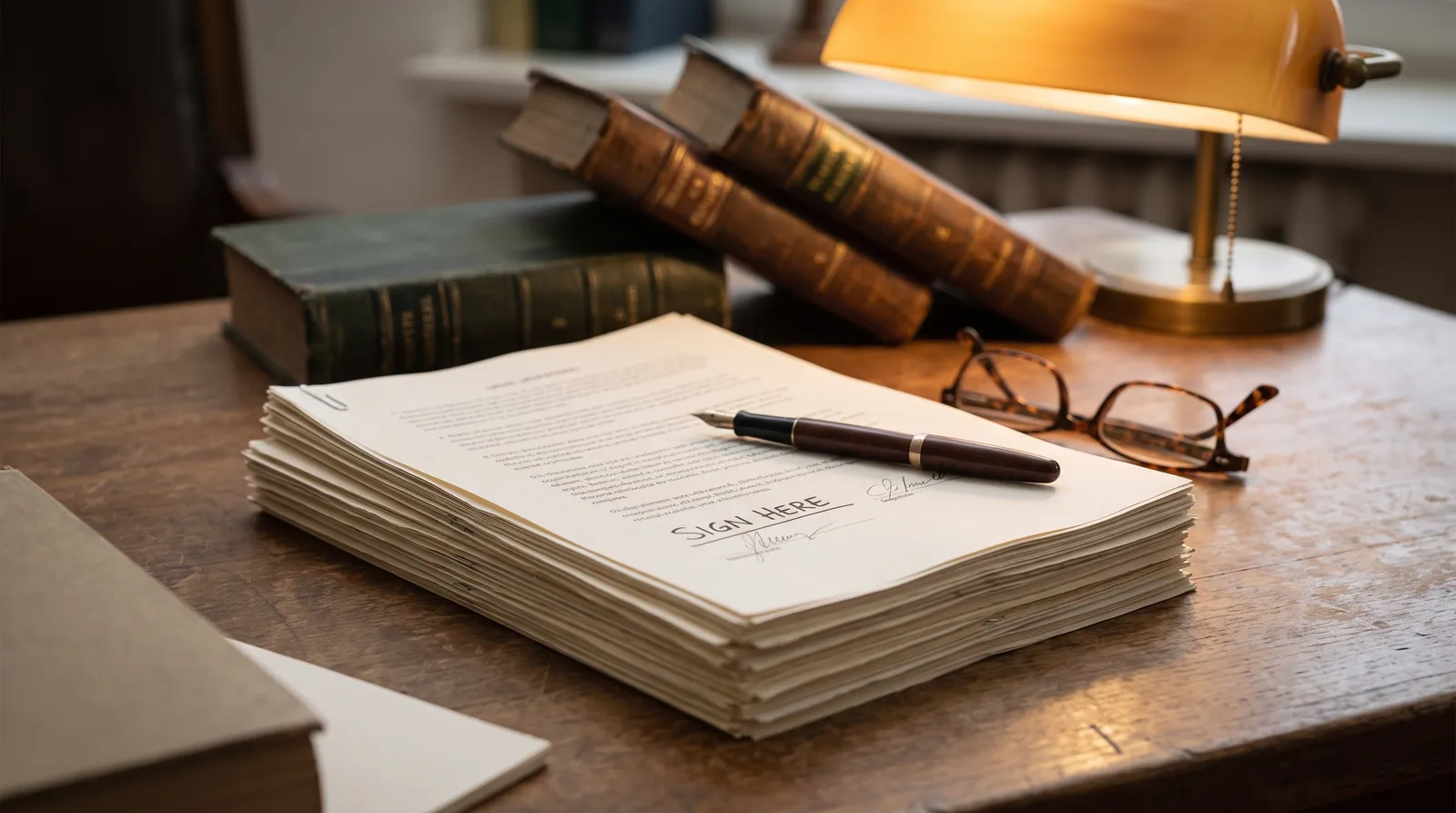 A stack of stapled legal documents with a signature line and a fountain pen resting across it, bound statute volumes standing behind