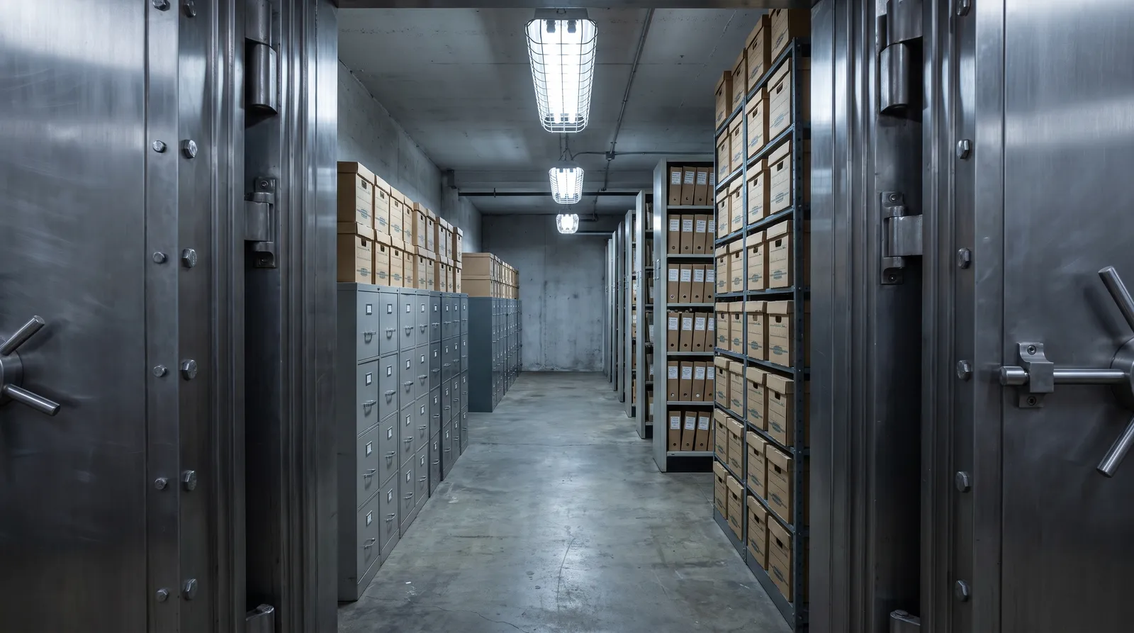 Long rows of grey steel filing cabinets and shelved document boxes inside a secure records vault, a heavy steel door open in the foreground