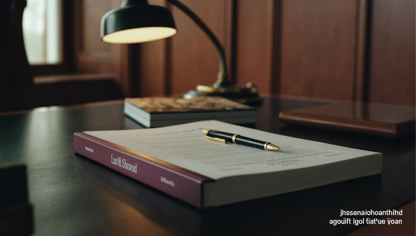 A closed bound agreement and a fountain pen on a lawyer's desk under a reading lamp