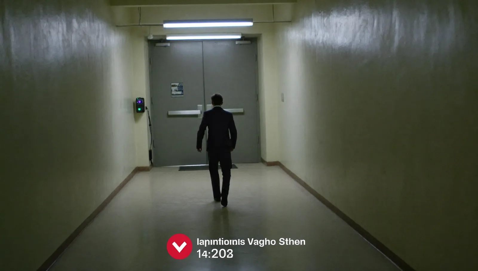 A figure in a suit seen from behind walking down a bare institutional corridor towards a heavy secure door