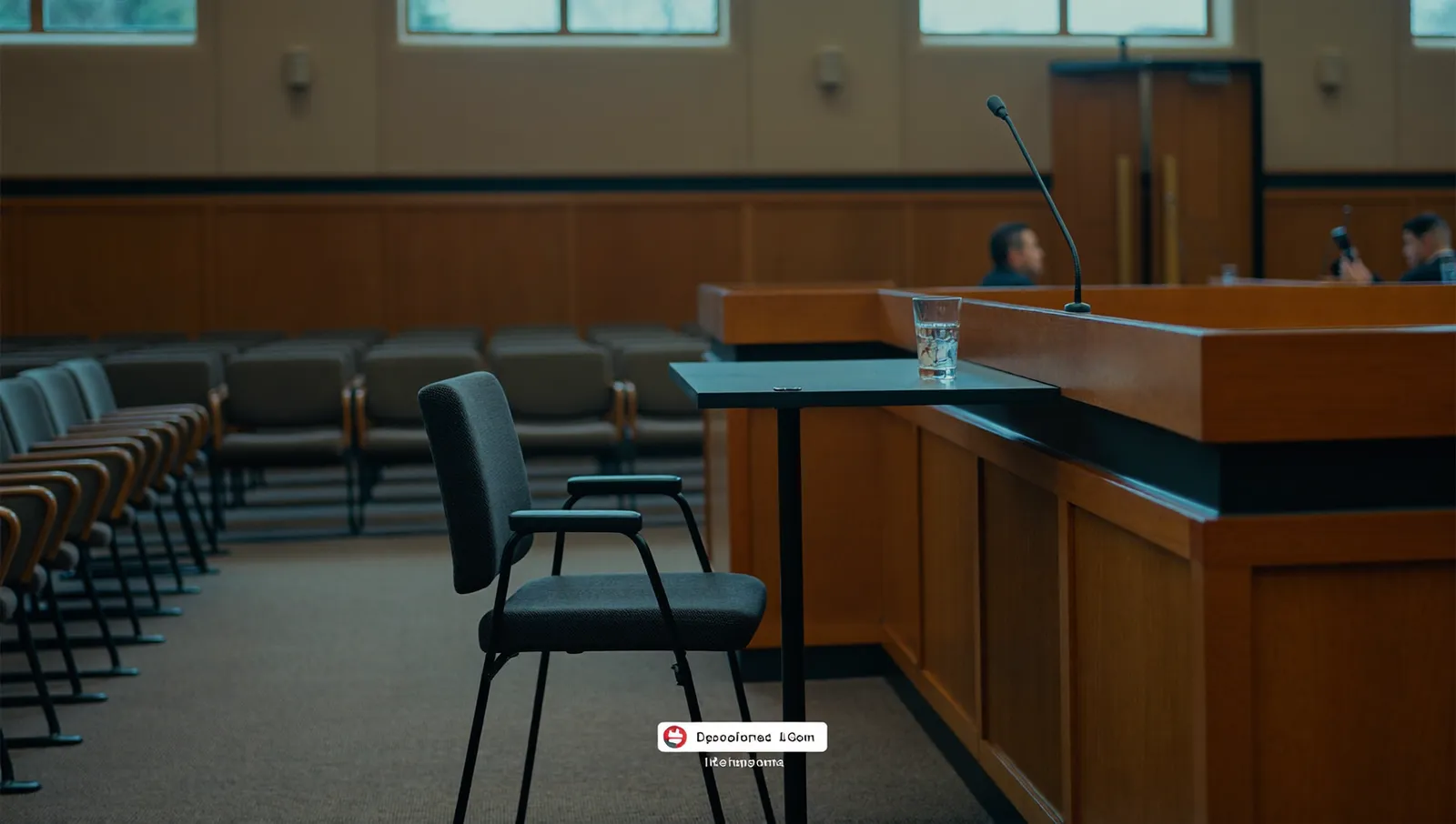 An empty witness chair and microphone facing a raised dais in a wood-panelled hearing room