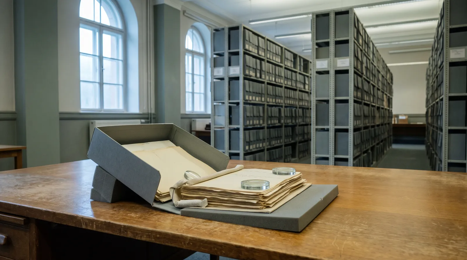 A public archive reading room with a grey archival document box open on a foam cradle and tall shelving of identical boxes behind