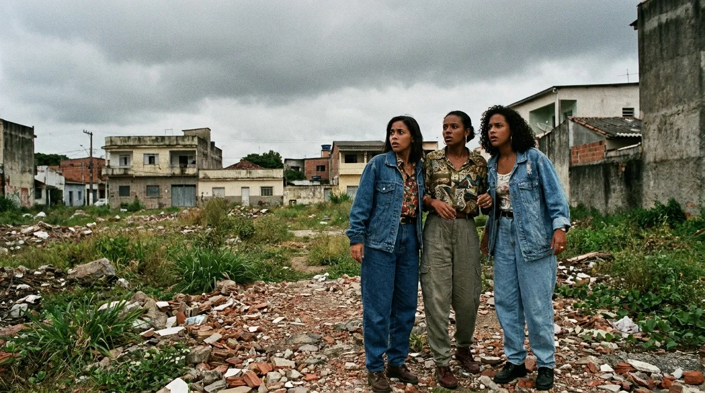 Three frightened young Brazilian women in an overgrown vacant lot on an overcast day staring at something off-frame