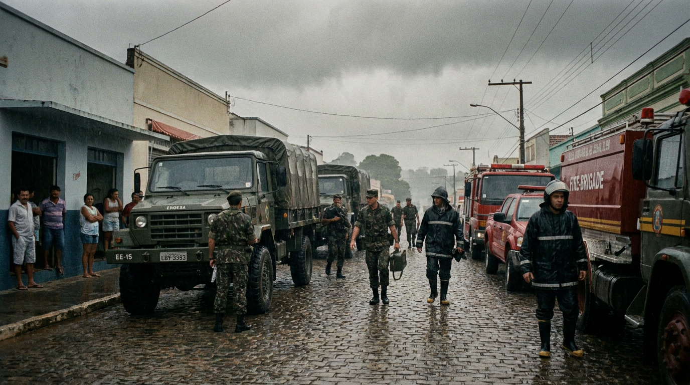 1990s Brazilian military and fire-brigade trucks and soldiers on a wet small-town street on a grey day