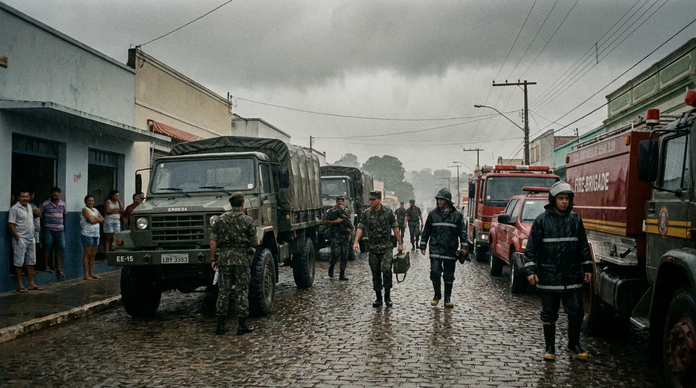 1990s Brazilian military and fire-brigade trucks and soldiers on a wet small-town street on a grey day