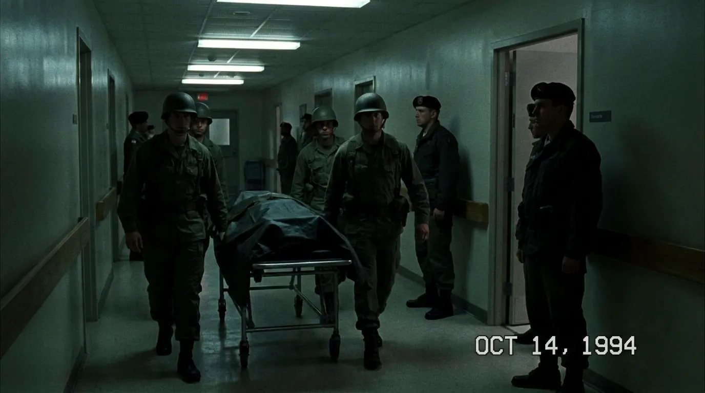 A dim hospital corridor at night with a covered stretcher being wheeled by soldiers