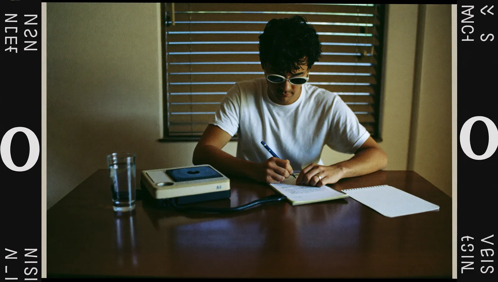 An investigator seen from behind recording a witness statement on a cassette recorder at a plain table in a 1990s Brazilian room