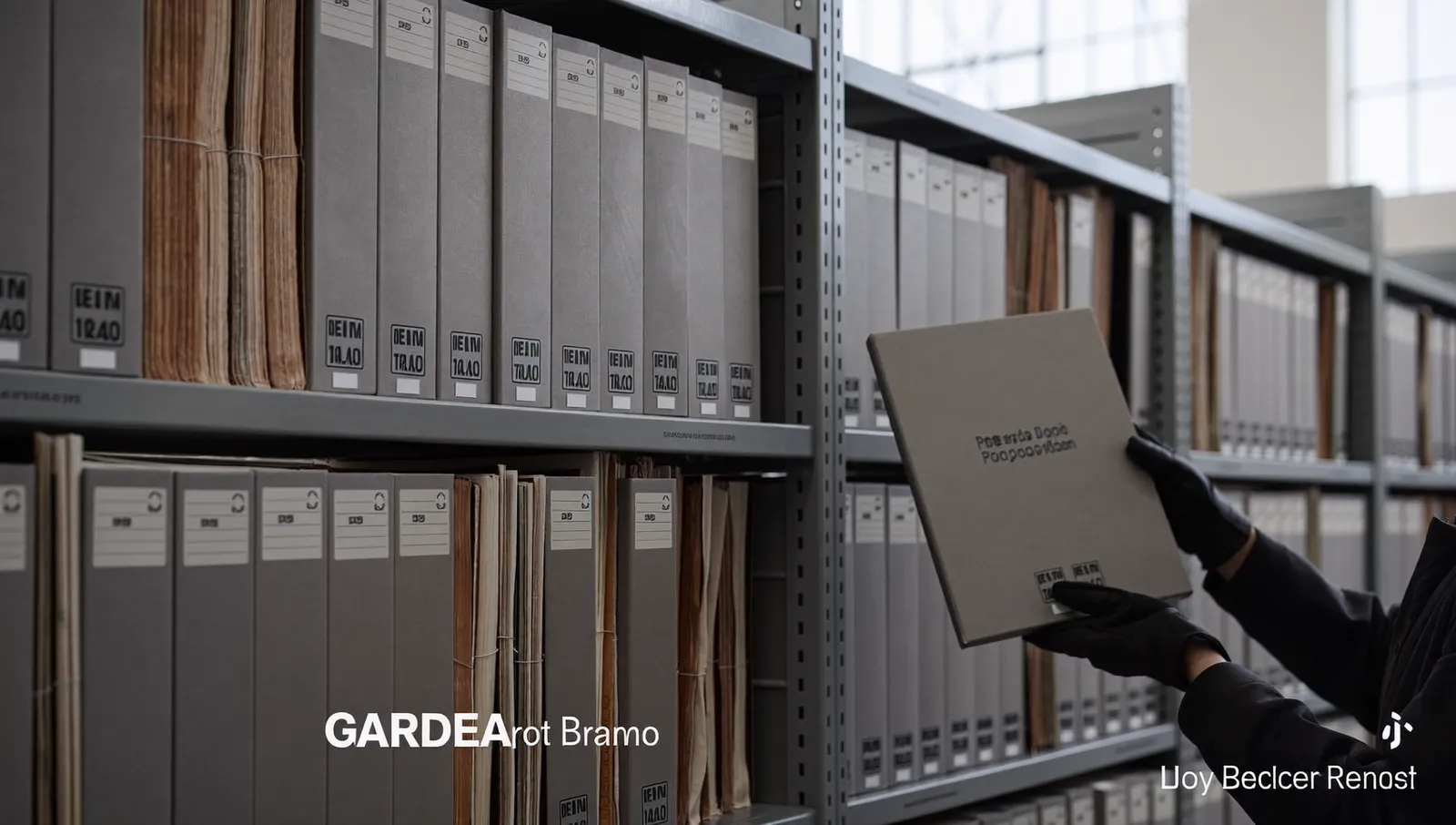 Rows of grey archive boxes and bound folders on metal shelving in a national archive repository