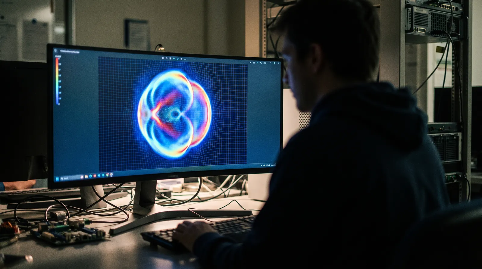 A dim computational physics lab at night, a curved monitor showing a glowing spherical shockwave rendered in false colour against a dark simulation grid