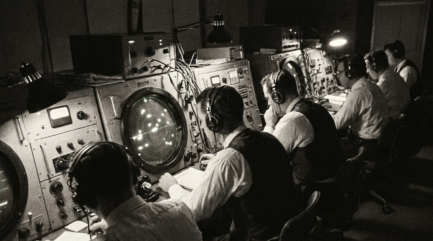 A dim 1950s radar control room with operators watching bright blips on a green scope