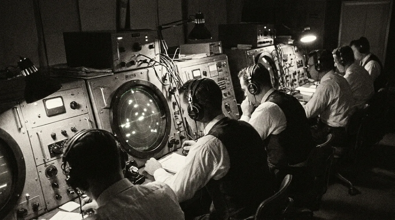 A dim 1950s radar control room with operators watching bright blips on a green scope