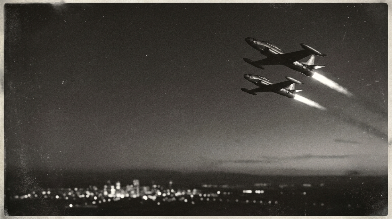 Two 1950s straight-wing jet interceptors climbing into the night sky over a city