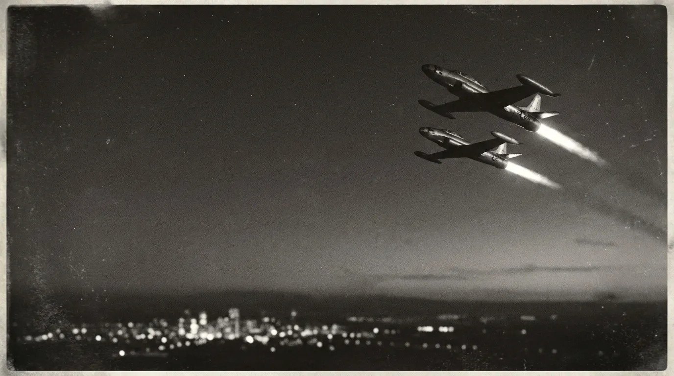 Two 1950s straight-wing jet interceptors climbing into the night sky over a city