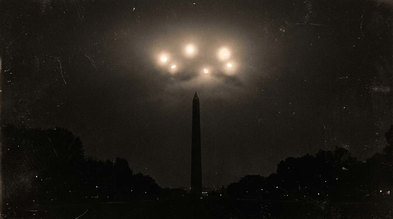 Soft glowing lights hovering high over the Washington Monument at night
