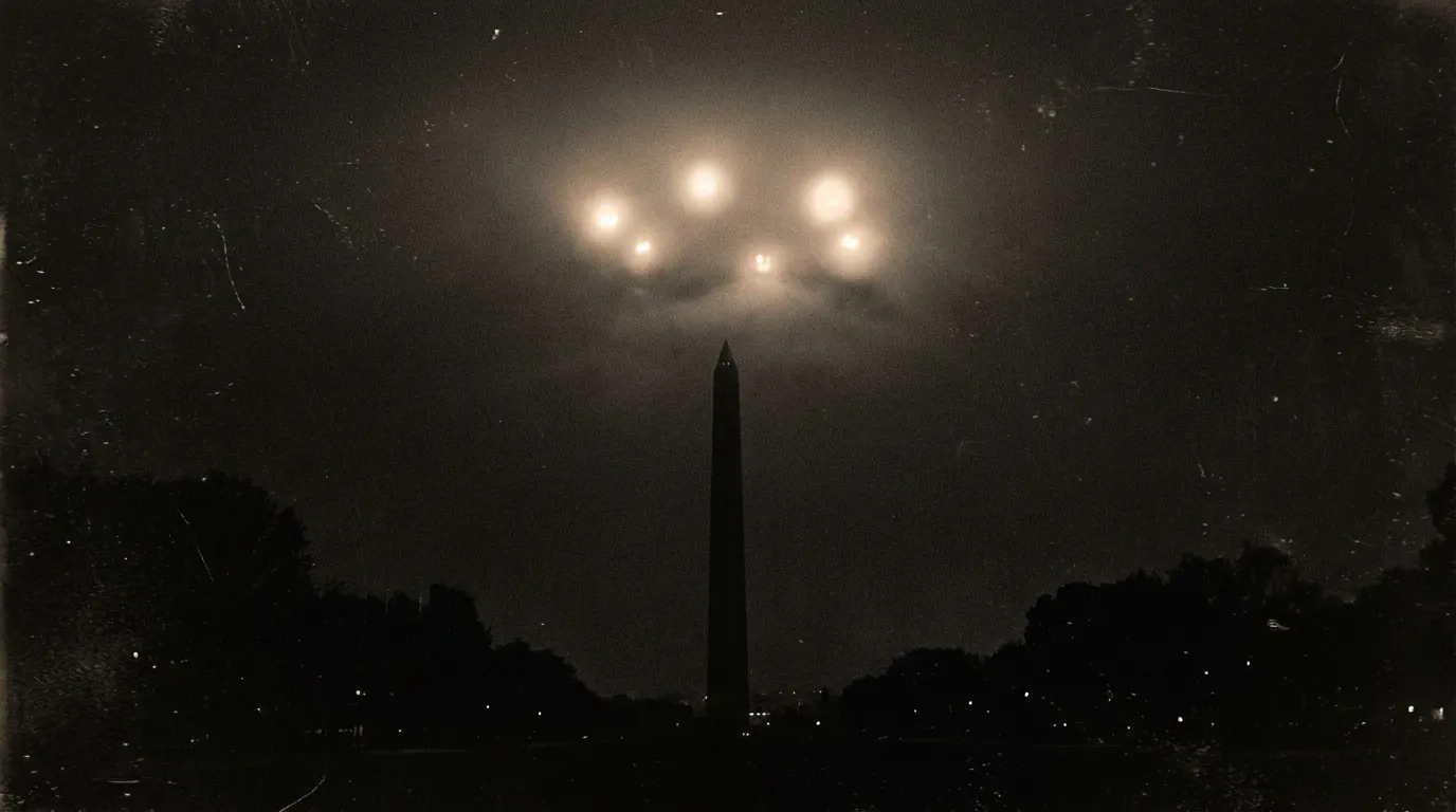 Soft glowing lights hovering high over the Washington Monument at night