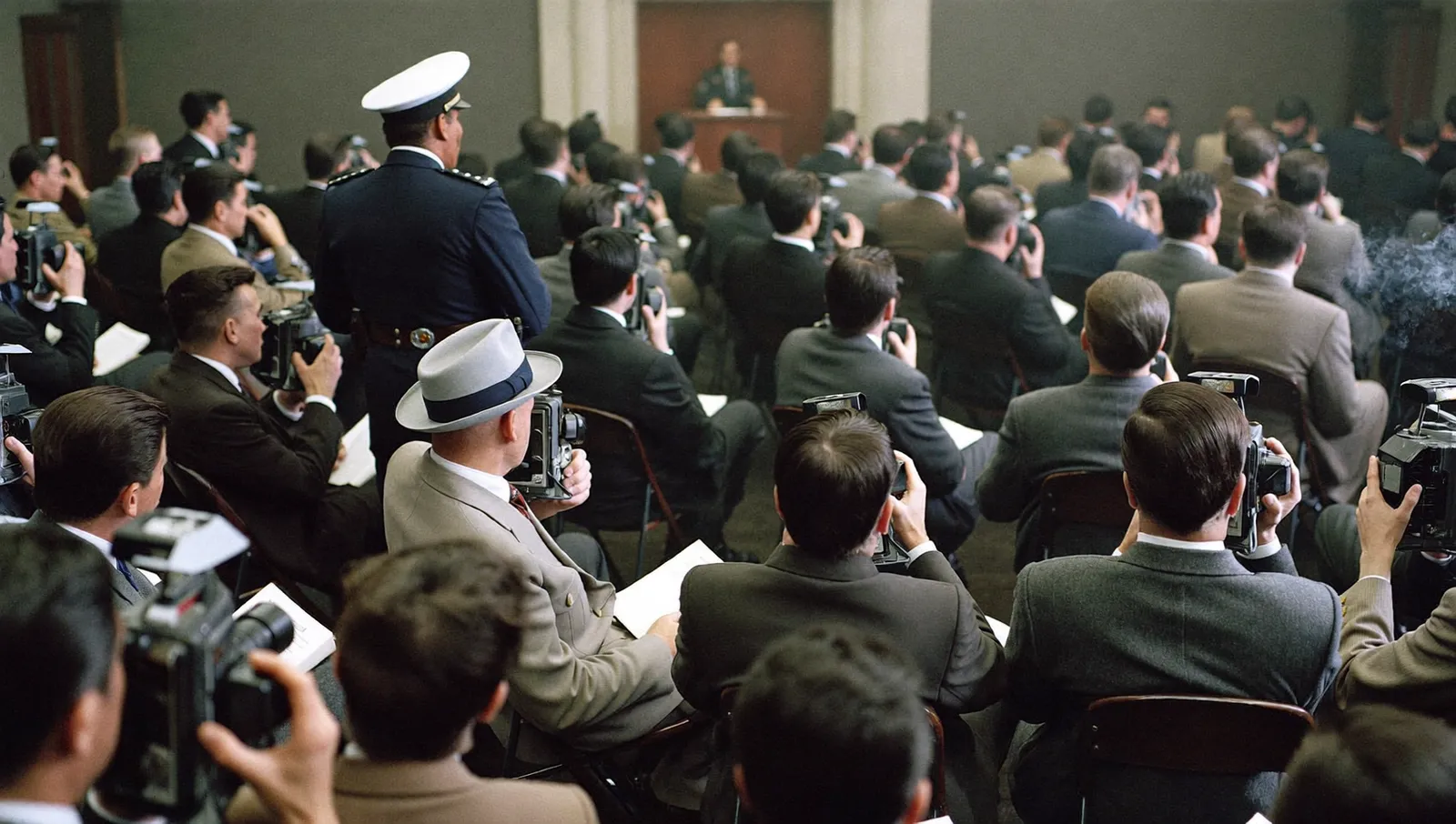 A packed 1950s Washington press conference seen from the back of the room, reporters in suits with notebooks and large press cameras