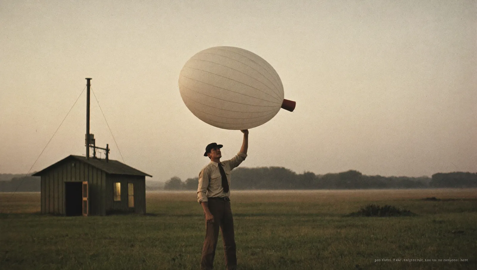 A 1950s weather technician releasing a white radiosonde balloon at humid dusk from a grassy field beside an instrument hut