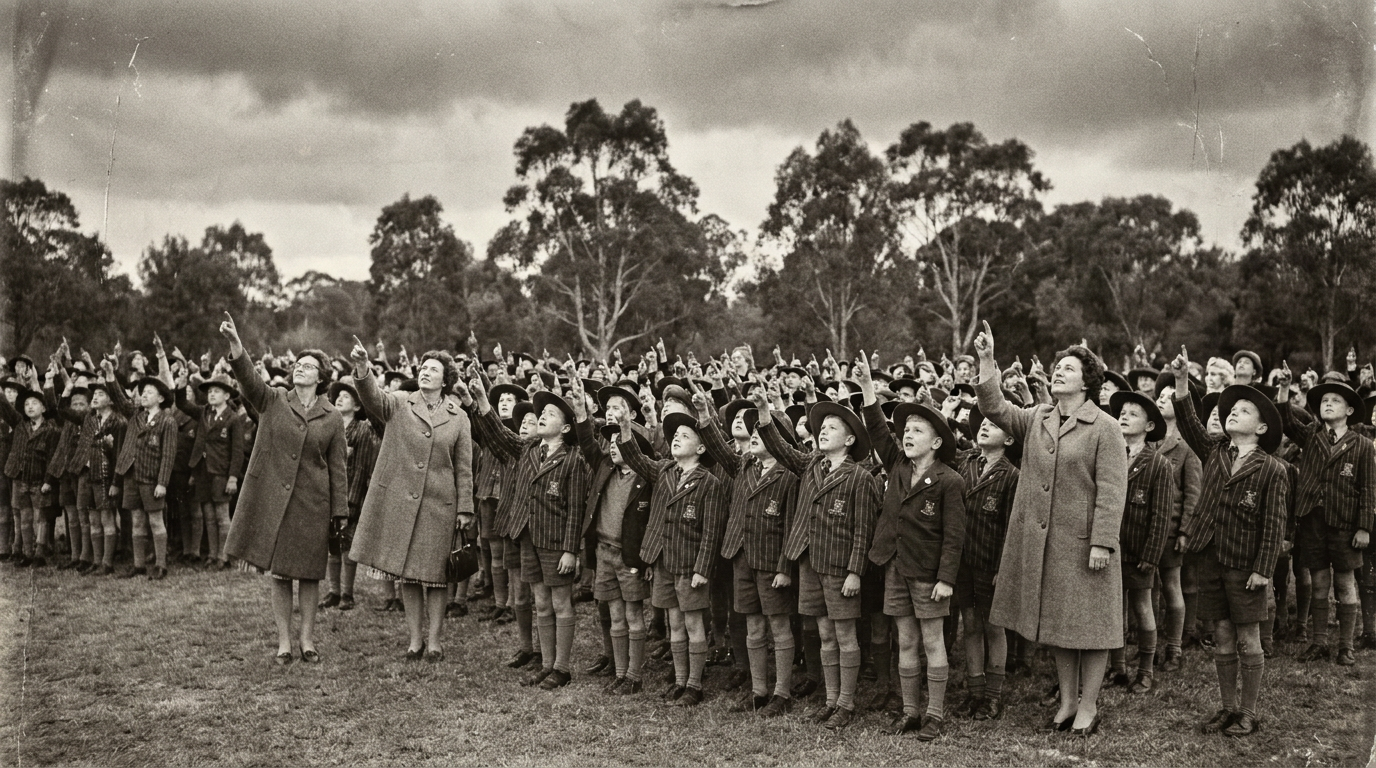 A crowd of 1960s Australian schoolchildren and teachers in a field looking up and pointing at the sky
