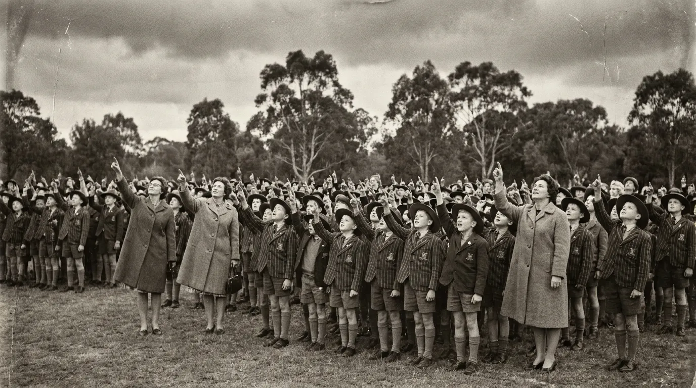 A crowd of 1960s Australian schoolchildren and teachers in a field looking up and pointing at the sky