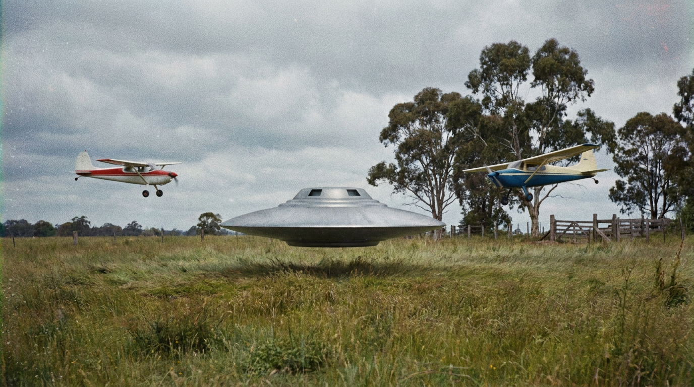 A silver-grey saucer hovering low over a grassy paddock with two small light aircraft circling near it