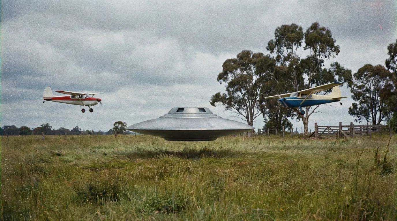 A silver-grey saucer hovering low over a grassy paddock with two small light aircraft circling near it