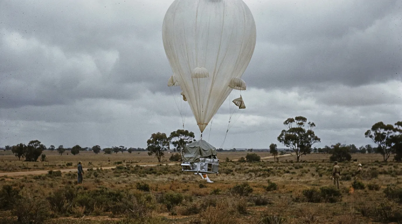 A large white high-altitude research balloon with an instrument package drifting down over a grassy field
