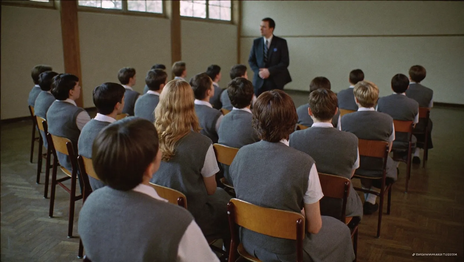 Rows of 1960s Australian schoolchildren seated in a school assembly hall facing a headmaster at the front